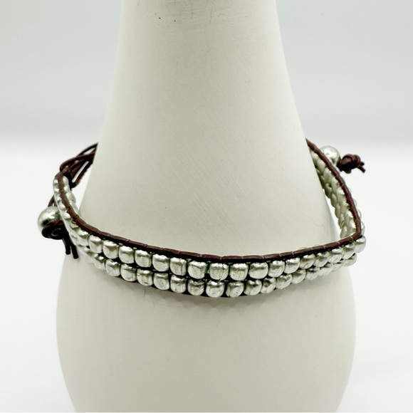 Double Row Metallic Bead Leather Wrap Bracelet - Picture 1 of 8